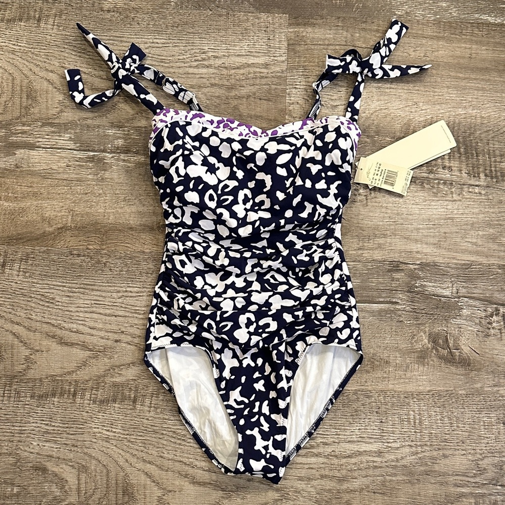 Gottex Profile Navy White Purple Floral One Piece‎ Swimsuit D Cup